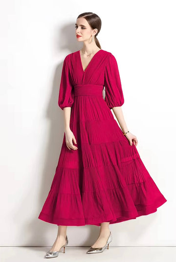 Solid Tiered Long Dress - Red